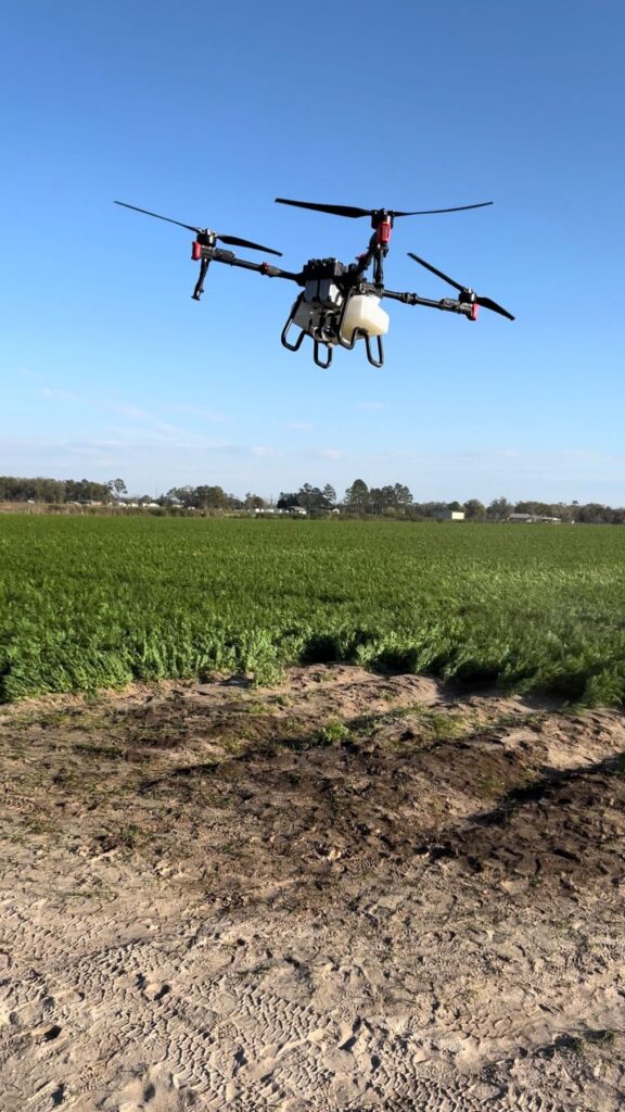 A sprayer drone flies over a field of row crops. 